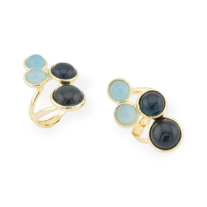 Bronze Ring With Hard Stones 4 Stones 23x40mm Adjustable Size Gold Black Light Blue
