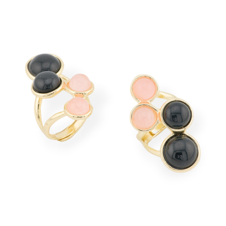 Bronze Ring With Hard Stones 4 Stones 23x40mm Adjustable Size Gold Black Pink