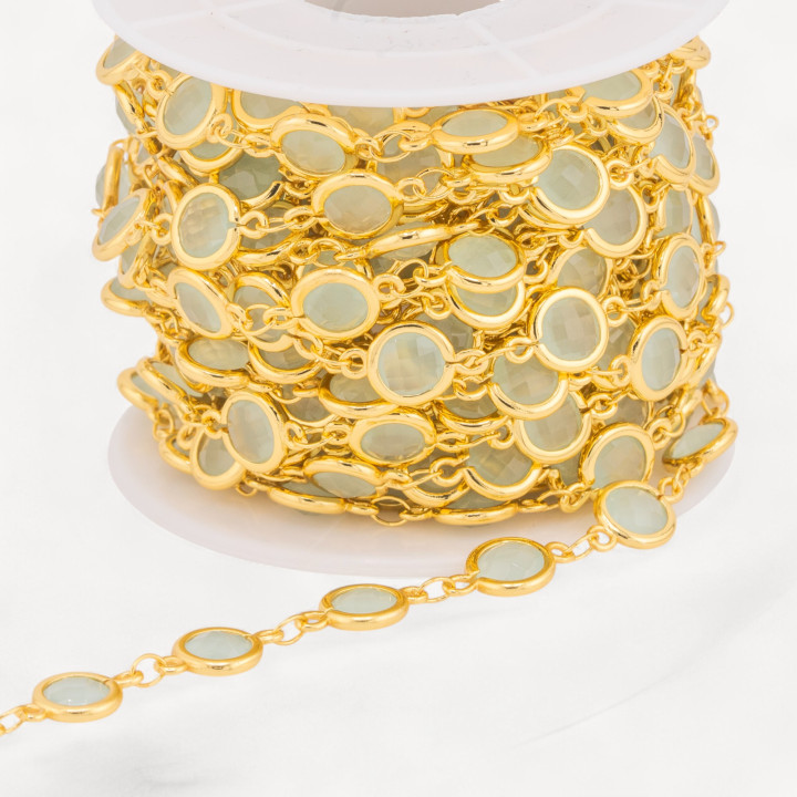 Brass Rosary Chain With Cat's Eye Cabochon 7.5mm 5 Meters Gold Aqua