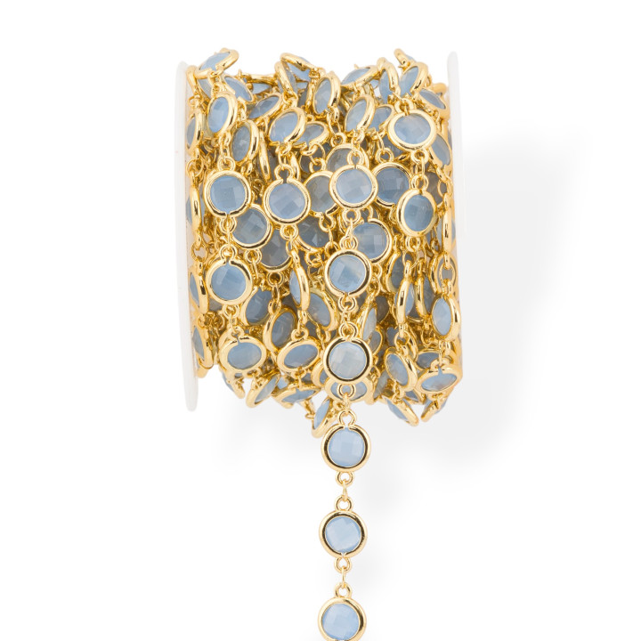 Messing-Rosenkranzkette mit Katzenaugen-Cabochon, 7,5 mm, 5 Meter, goldfarben, hellblau