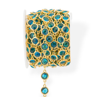 Chaîne chapelet en laiton avec cabochon oeil de chat 7,5 mm 5 mètres bleu sarcelle doré