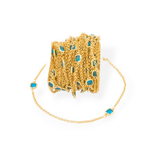 Messing-Rosenkranzkette mit quadratischem Katzenauge-Cabochon 7 mm und Rolo-Kette 10 Meter, goldenes Blaugrün