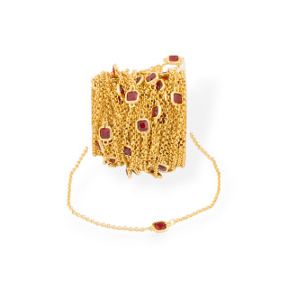 Brass Rosary Chain With 7mm Square Cabochon Cat's Eye And 10 Meter Rolo Chain Red Gold