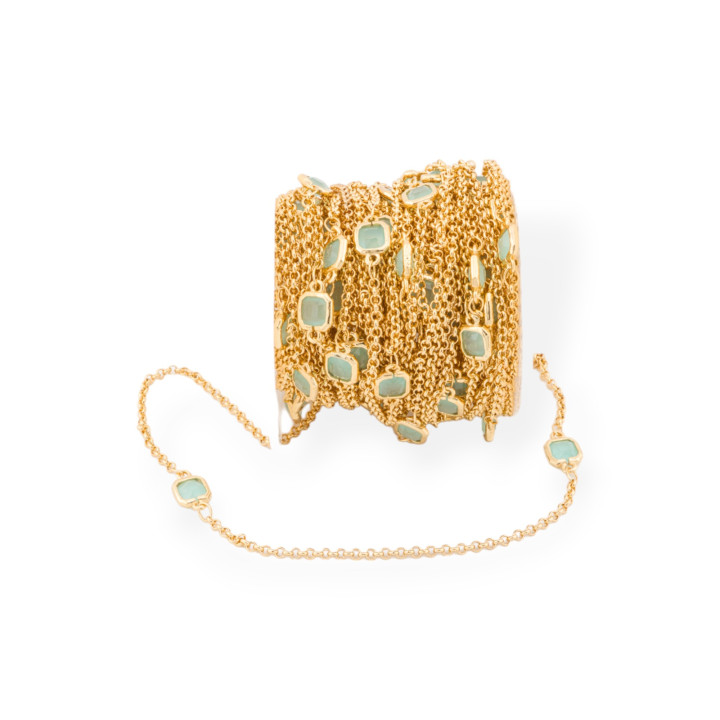 Chaîne chapelet en laiton avec cabochon carré oeil de chat 7 mm et chaîne Rolo 10 mètres vert aqua doré