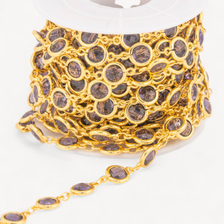 Chaîne chapelet en laiton avec cabochon rond oeil de chat 10mm 5 mètres fumée dorée