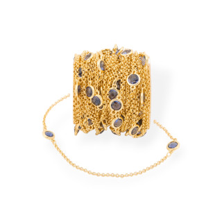 Cadena Rosario de Latón con Cabujón Redondo Ojo de Gato 7,5 mm y Cadena Rolo 10 Metros Dorado Azul Transparente