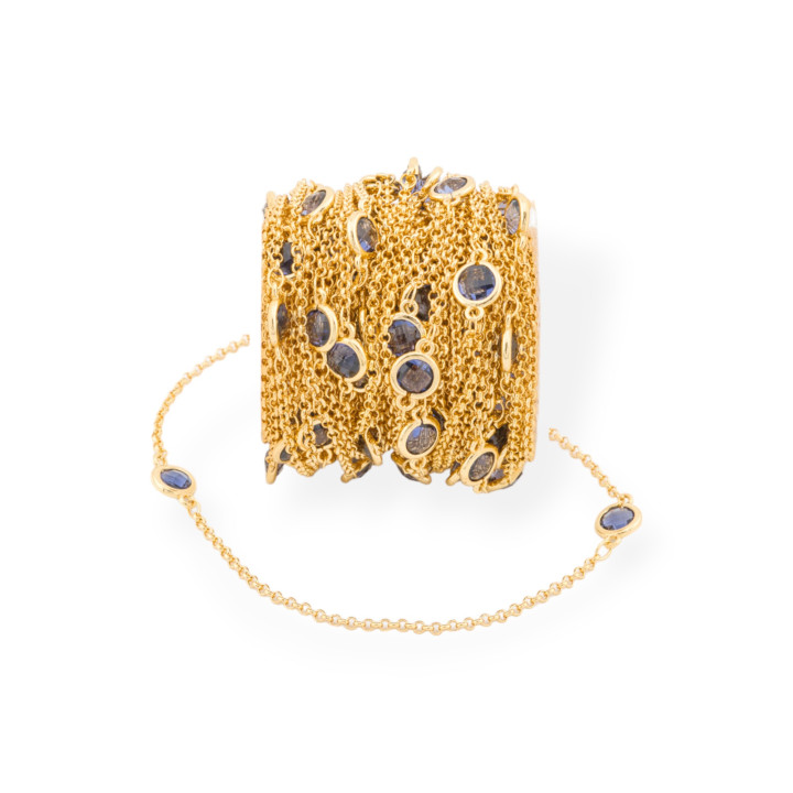 Cadena Rosario de Latón con Cabujón Redondo Ojo de Gato 7,5 mm y Cadena Rolo 10 Metros Dorado Azul Transparente