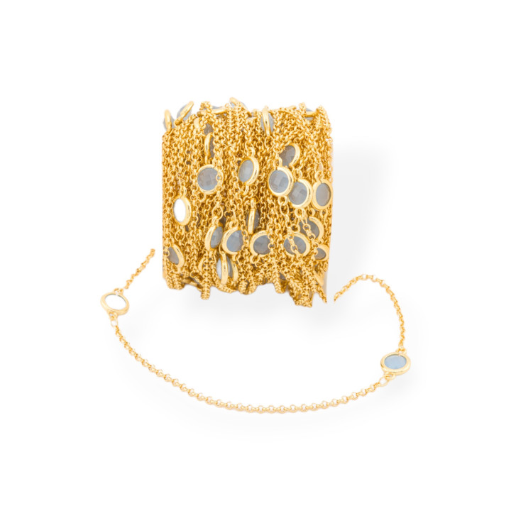 Messing-Rosenkranzkette mit rundem Katzenauge-Cabochon 7,5 mm und Rolo-Kette 10 Meter goldgrau