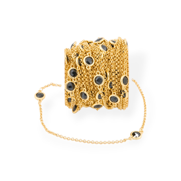 Brass Rosary Chain With Cat's Eye Round Cabochon 7.5mm And 10 Meter Rolo Chain Gold Black