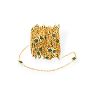 Messing-Rosenkranzkette mit rundem Katzenauge-Cabochon 7,5 mm und Rolo-Kette 10 Meter golden smaragdgrün