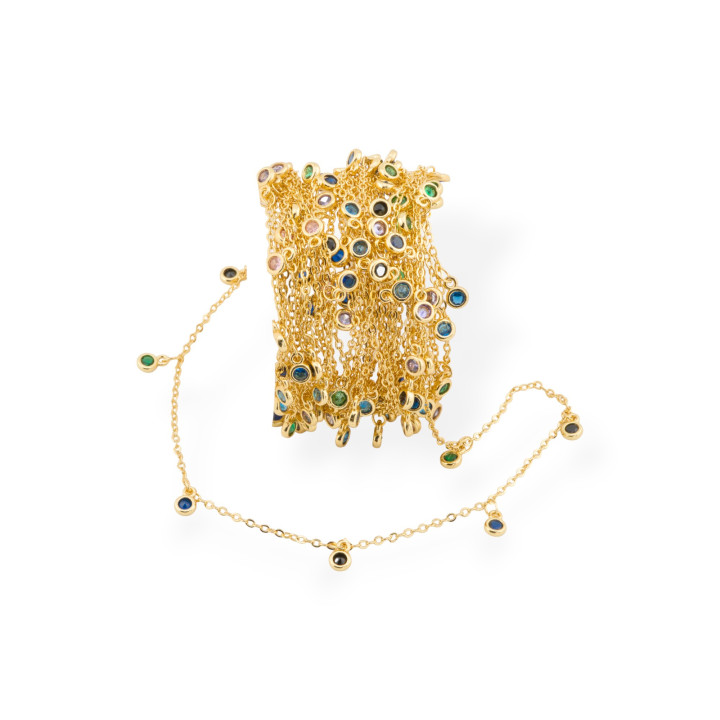 Chaîne de chapelet en laiton avec zircons CZ de 4 mm et chaîne Forzatina 10 mètres multicolore doré