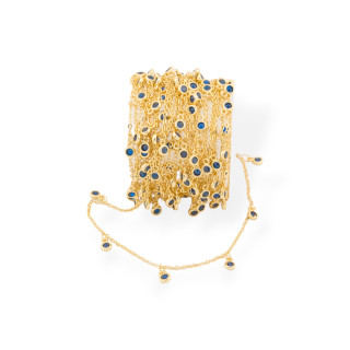 Chaîne de chapelet en laiton avec zircons CZ de 4 mm et chaîne Forzatina de 10 mètres saphir bleu doré