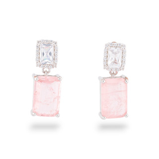 Pendientes De Plata 925 Con Circonitas Y Piedras Engastadas En Doble Rectángulo Rosa