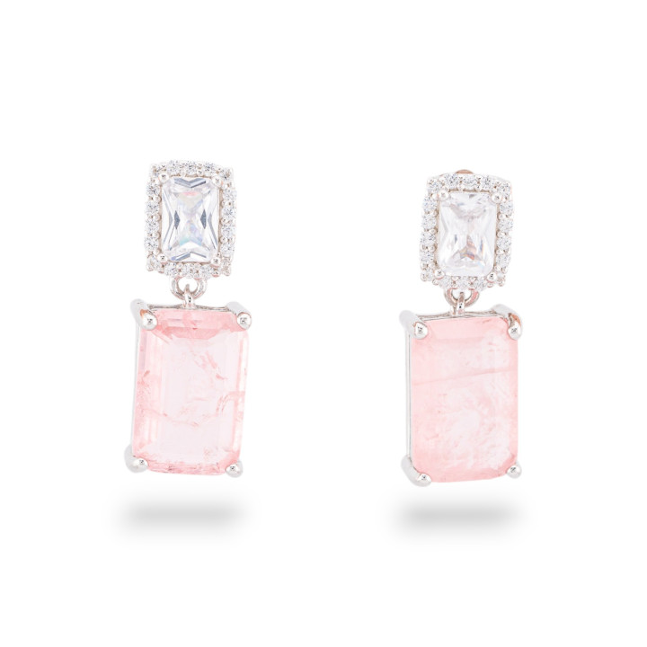 Ohrringe aus 925er Silber mit Zirkonen und Steinen in einem doppelten rosa Rechteck