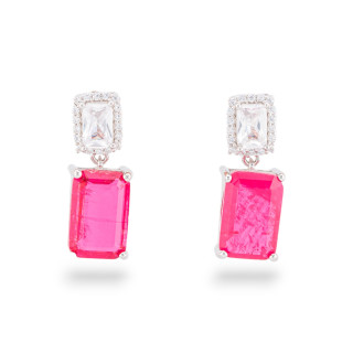 Boucles d'oreilles en argent 925 avec zircons et pierres serties en double rectangle rouge