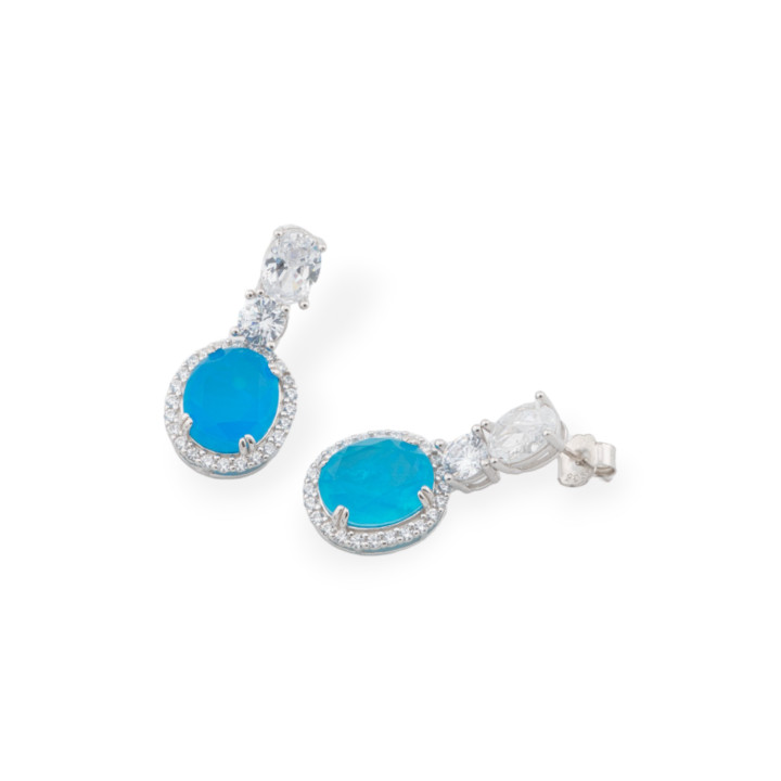 Orecchini Di Argento 925 Con Zirconi E Pietre Incastonate Ovale Rodiato Blu