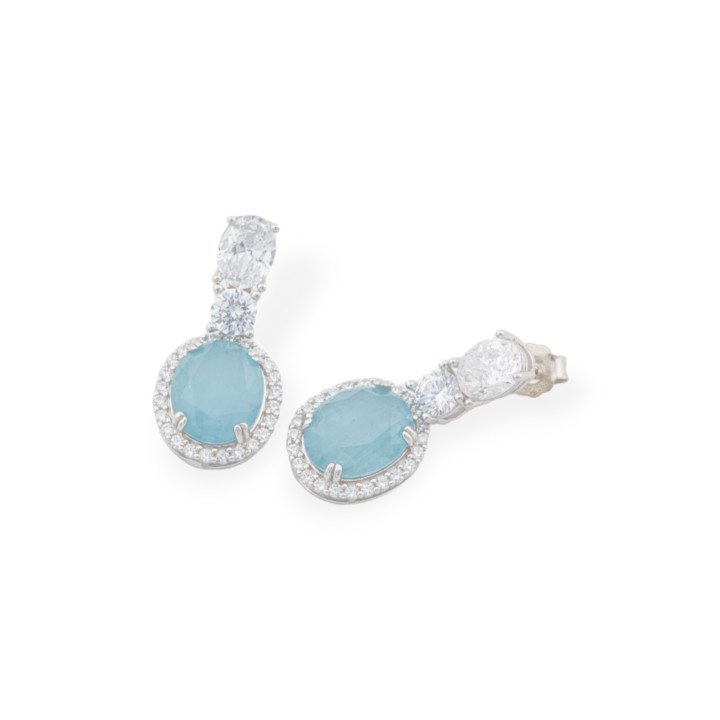 Pendientes De Plata 925 Con Circonitas Y Piedras Ovaladas Rodiadas Azul Claro