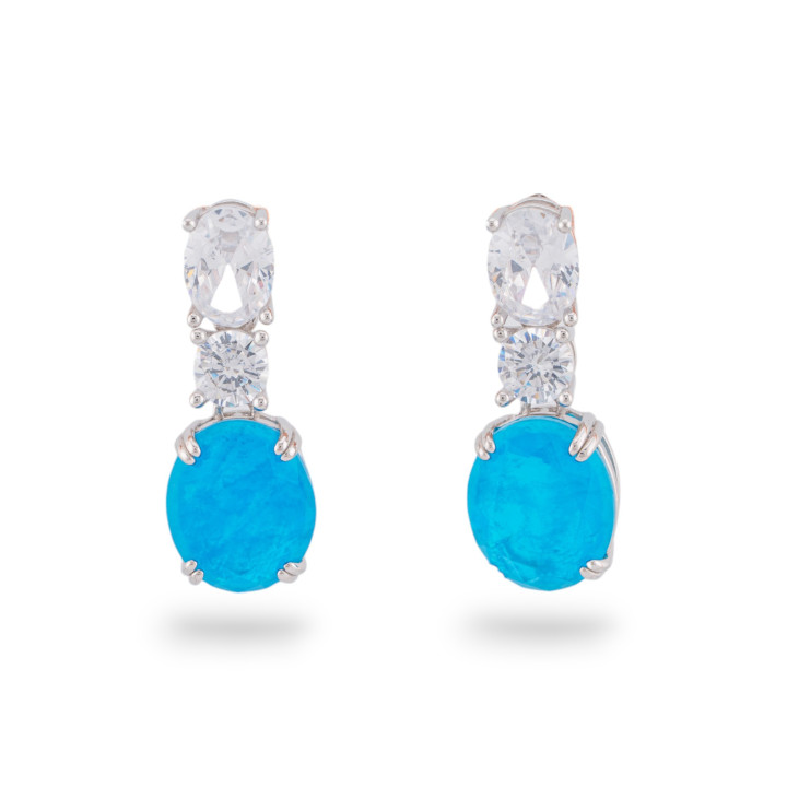 925 Silver Earrings With Zirconia And Stones Set Rhodium Oval Blue