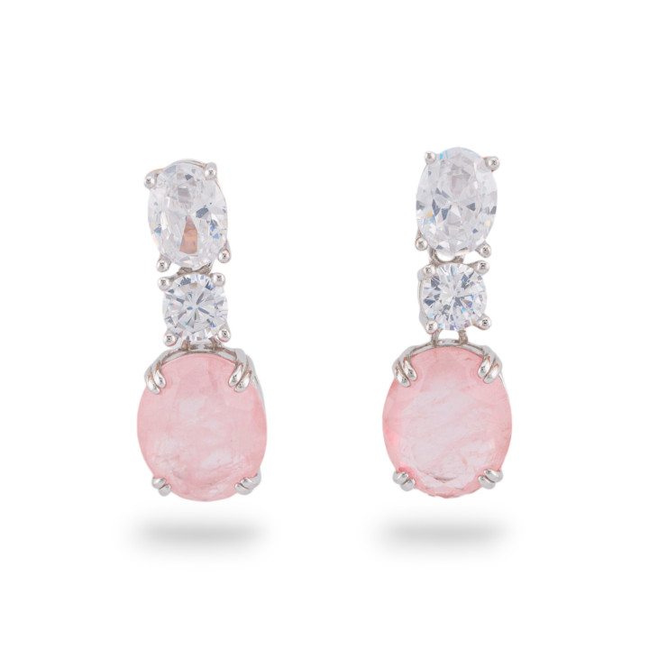 925 Silver Earrings With Zirconia And Stones Set Rhodium Oval Pink