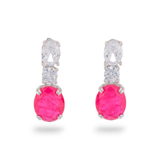 925 Silver Earrings With Zirconia And Stones Set Rhodium Oval Ruby