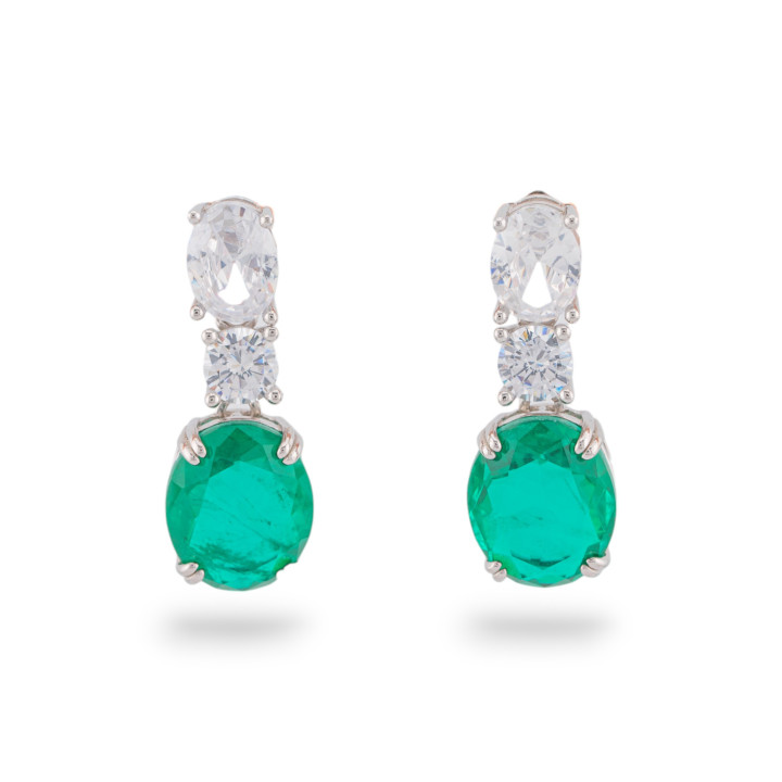 Pendientes De Plata 925 Con Circonitas Y Piedras Engastadas En Rodio Oval Verde Esmeralda