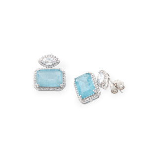 Boucles d'oreilles en argent 925 avec zircons et pierres rhodiés, rectangle bleu clair
