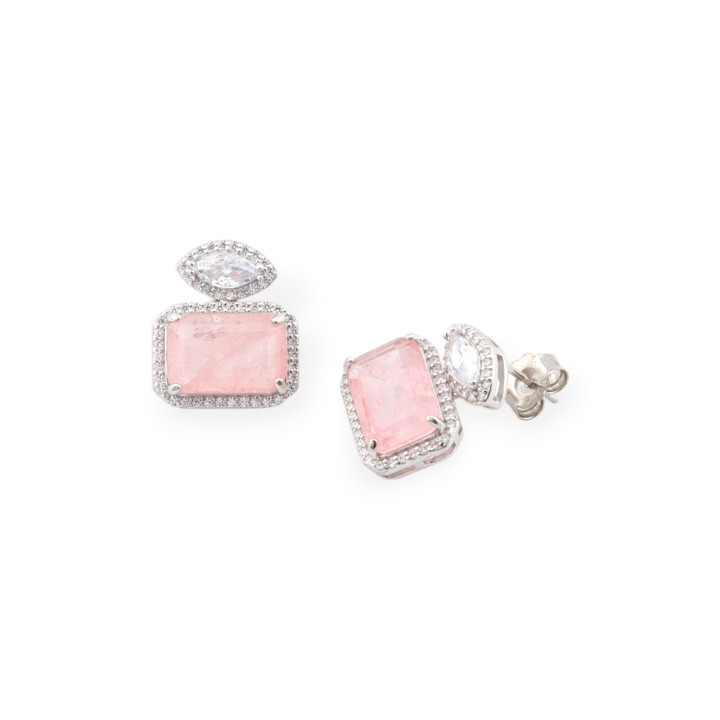 925 Silver Earrings With Zirconia And Stones Set Rhodium Rectangle Pink