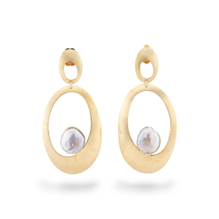 Ohrringe aus 925er Silber, hergestellt in ITALIEN, mit Flussperlen und doppeltem goldenen Oval