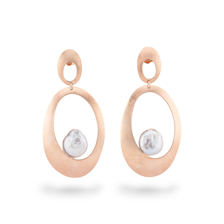 Boucles d'oreilles en argent 925 fabriquées en ITALIE avec perles de rivière et double ovale en or Rpsa