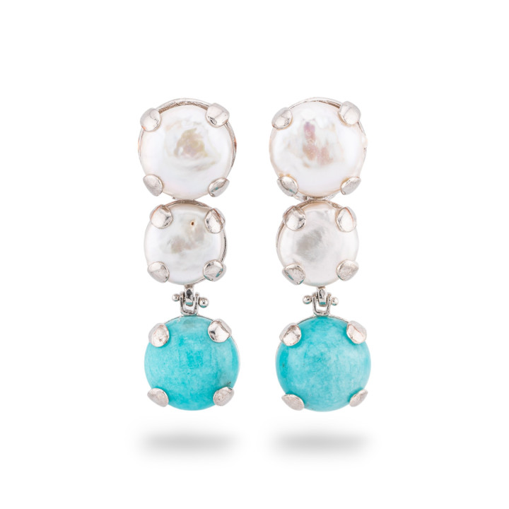 Pendientes de Plata 925 Made in ITALY con Perlas de Río y Piedras de Amazonita