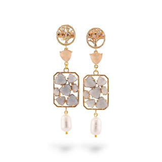 Boucles d'oreilles tiges en bronze serties d'arbre avec oeil de chat et jade 17x76mm gris