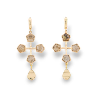 Closed Stud Earrings Cat's Eye Cabochon Set In Golden Bronze Labradorite