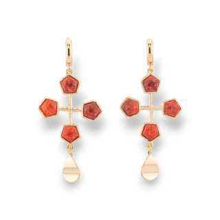 Cat's Eye Closed Stud Earrings With Cabochon Set In Red Gilded Bronze