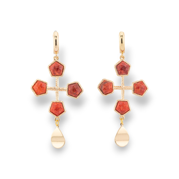 Boucles d'Oreilles Tige Fermées Oeil de Chat avec Cabochon Serties en Bronze Doré Rouge