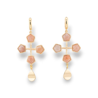 Boucles d'Oreilles Tige Fermées Oeil de Chat avec Cabochon Serties sur Soleil Bronze Doré