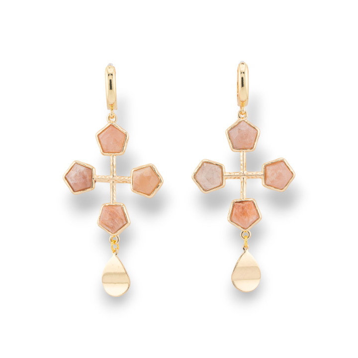 Boucles d'Oreilles Tige Fermées Oeil de Chat avec Cabochon Serties sur Soleil Bronze Doré