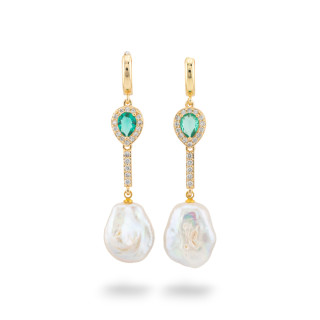 Bronze Stud Earrings With Crystals And Golden River Pearl Pendant Water Drop