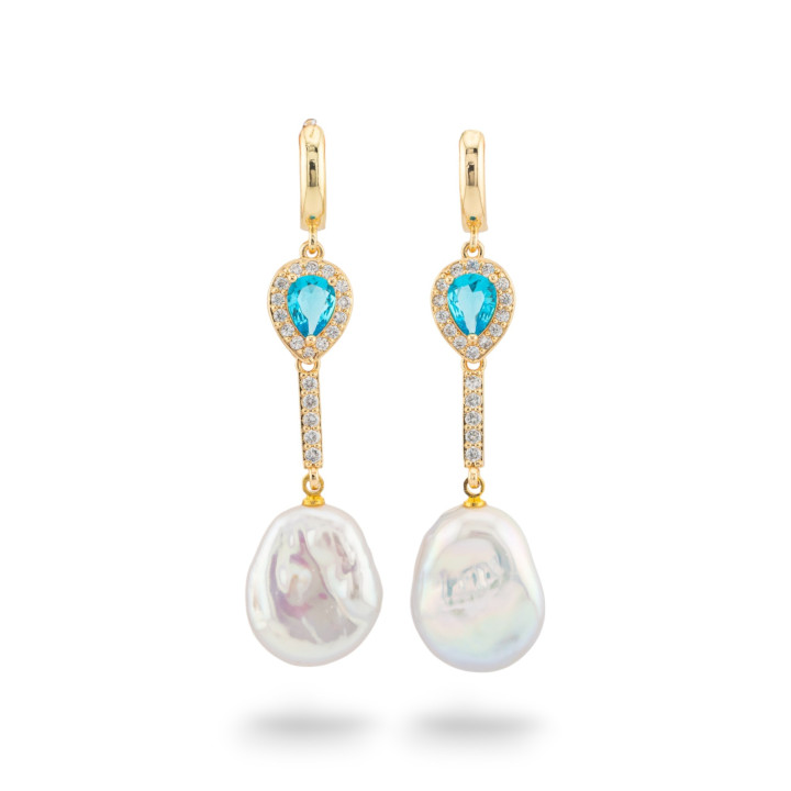 Boucles d'oreilles clous en bronze avec cristaux et pendentif perle de rivière dorée goutte céleste