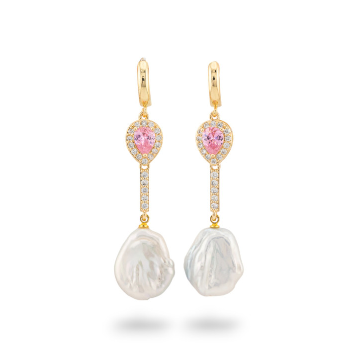 Bronze Stud Earrings With Crystals And Golden River Pearl Pendant Pink Drop