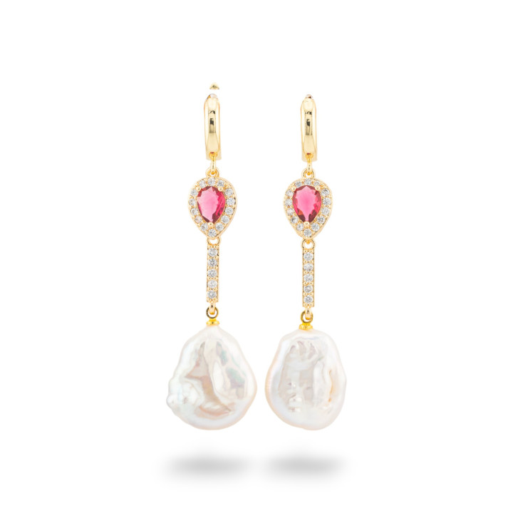 Orecchini Perno Di Bronzo Con Cristalli E Pendente Di Perle Di Fiume Dorato Goccia Rosso