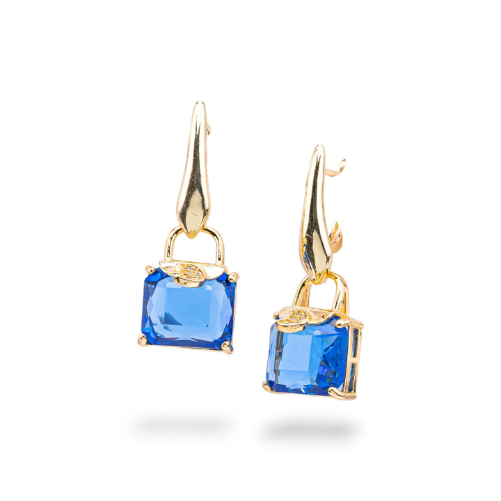 Bronze-Ohrstecker mit Katzenauge und Zirkonen, 14 x 37 mm, Blau