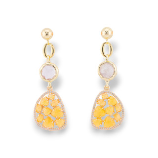 Orecchini Perno Di Bronzo Con Occhio Di Gatto Incastonato e Zirconi Dorato Giallo