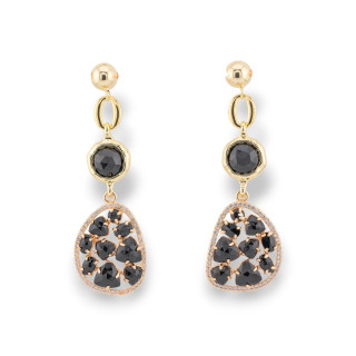 Boucles D'oreilles Puces En Bronze Avec Oeil De Chat Serti Et Zircons Dorés Noirs