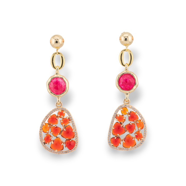 Orecchini Perno Di Bronzo Con Occhio Di Gatto Incastonato e Zirconi Dorato Rosso