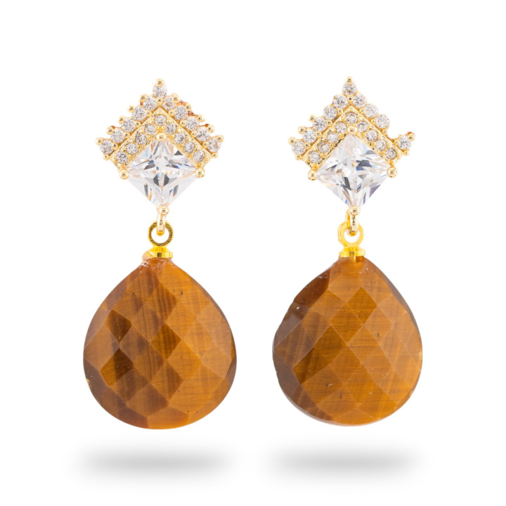 Bronze-Ohrstecker mit Halbedelsteinen, 16 x 38 mm, goldenes Tigerauge