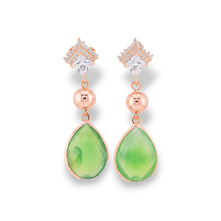 Orecchini Perno Di Bronzo Con Zirconi e Pietre Dure Incastonate Oro Rosa Agata Verde