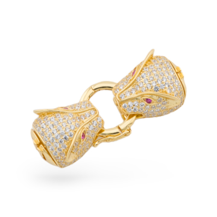 925 Silver Clasp With Zircons Panther Head Double With Central Ring 13x39mm 1pc Red Gold