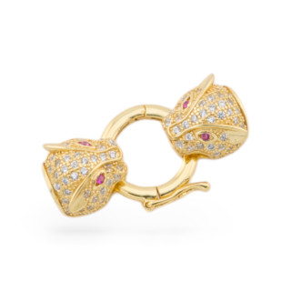 Fermoir Argent 925 Avec Zircons Double Tête de Panthère Avec Anneau Central 14x26mm 1pc Doré Rouge