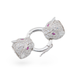 Chiusura Di Argento 925 Con Zirconi Testa Pantera Doppio Con Anello Centrale 14x26mm 1pz Rodiato Rosso