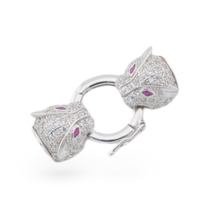 Chiusura Di Argento 925 Con Zirconi Testa Pantera Doppio Con Anello Centrale 14x26mm 1pz Rodiato Rosso